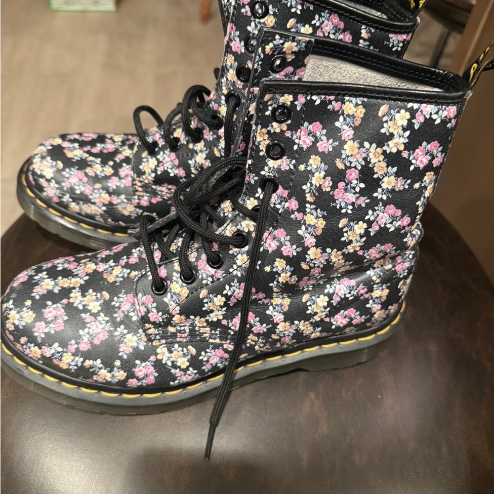 Dr. Martens Floral Combat Boots - Black and Pink